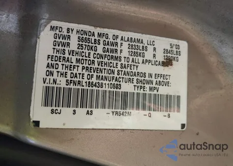 2003 Honda Odyssey Ex from USA, damaged, VIN 5FNRL18643B110603